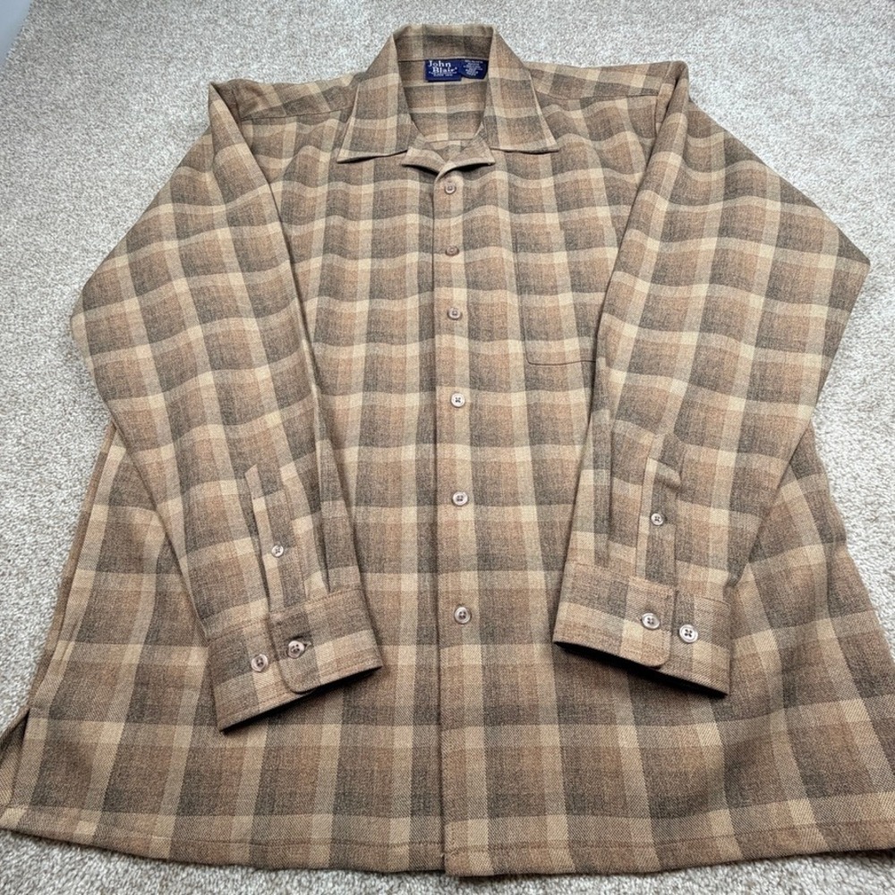 Vintage John Blair Mens Brown Tan Shadow Plaid Button Down Shirt Long Sleeve Med - Picture 1 of 7
